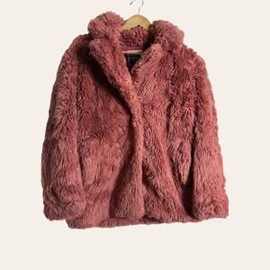 Index Pink Fluffy Shag Faux Fur Notch Collar Jacket Coat Size M